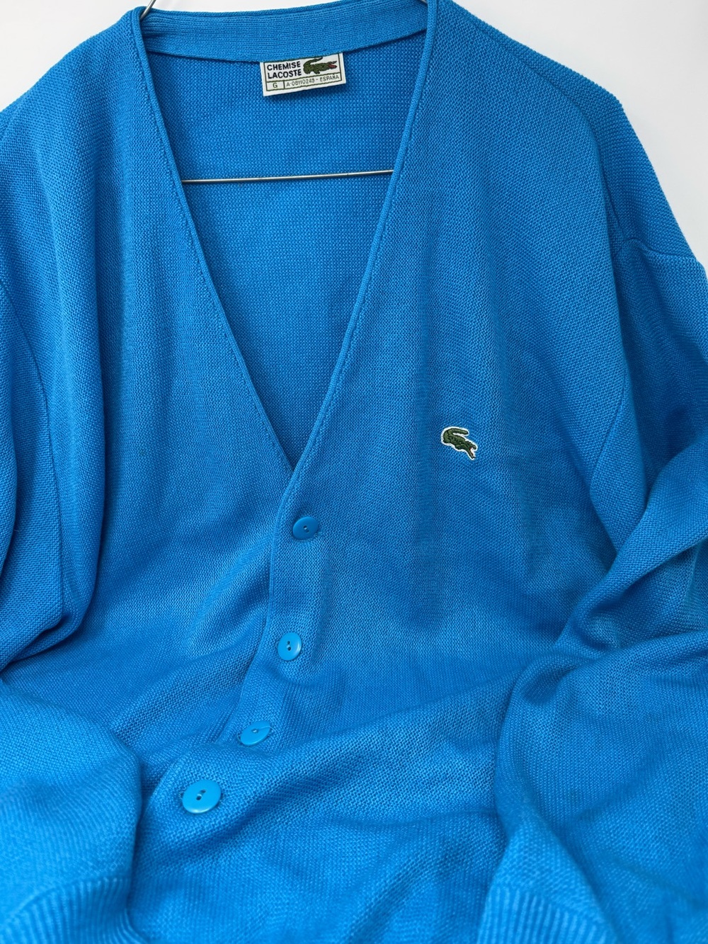 Vintage Lacoste Men’s Bright Blue V‑Neck Button Cardigan with Crocodile Logo